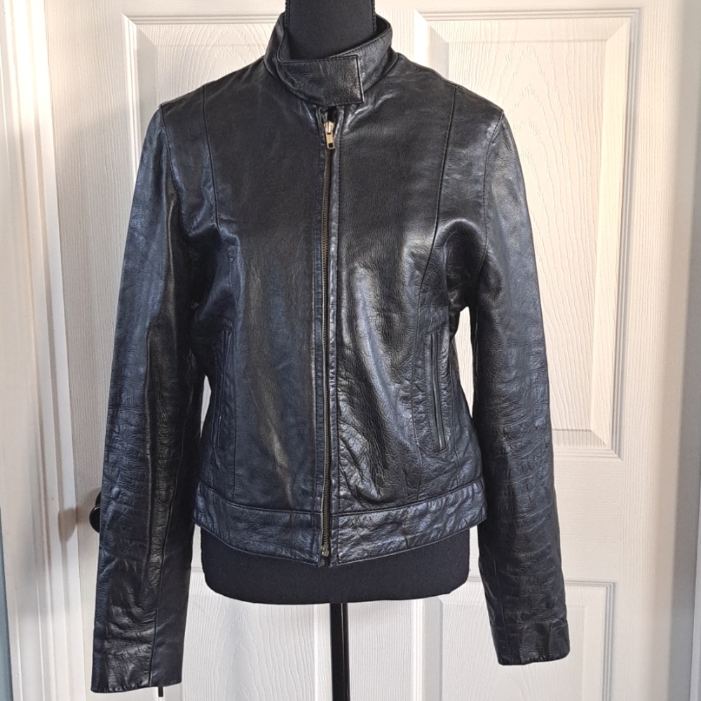Vintage Ykk Motorcycle Cropped Front Zip Slim Tailored Genuine Leather Jacket